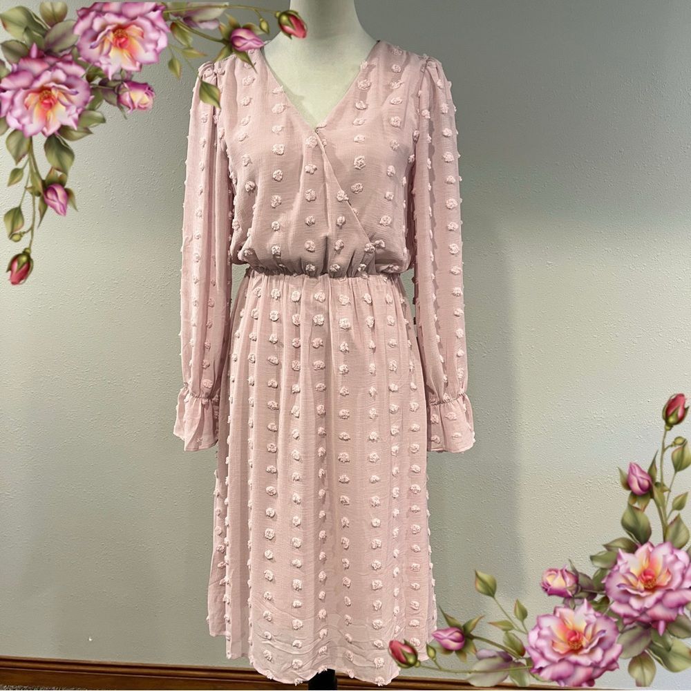 Elegant dusty pale Pink long sleeve fake wrap Dress size small